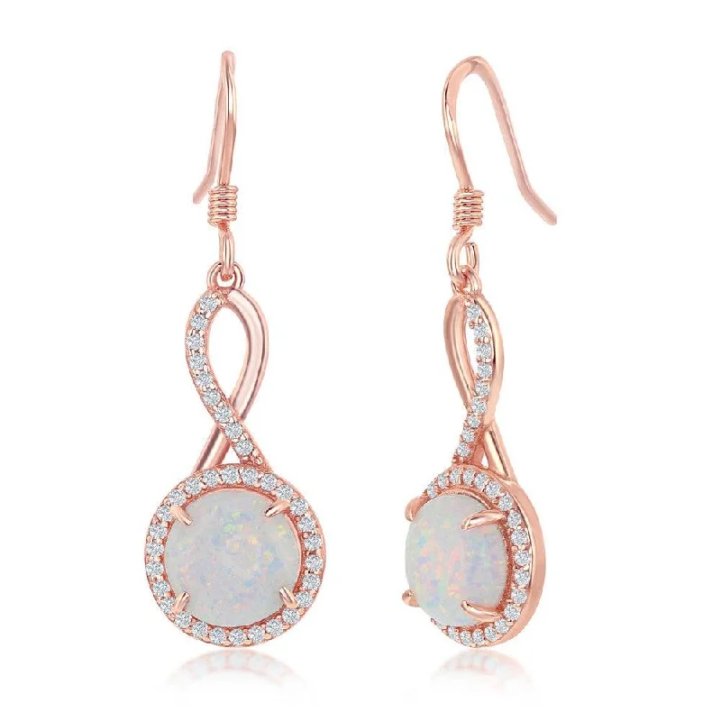 women’s heart-shaped earrings-Sterling Silver Rose GP Design Round White Opal Halo CZ Earrings