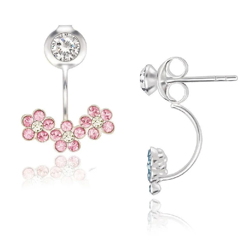 women’s silver dangly earrings-Sterling Silver Rose Crystal Flower Back Earrings