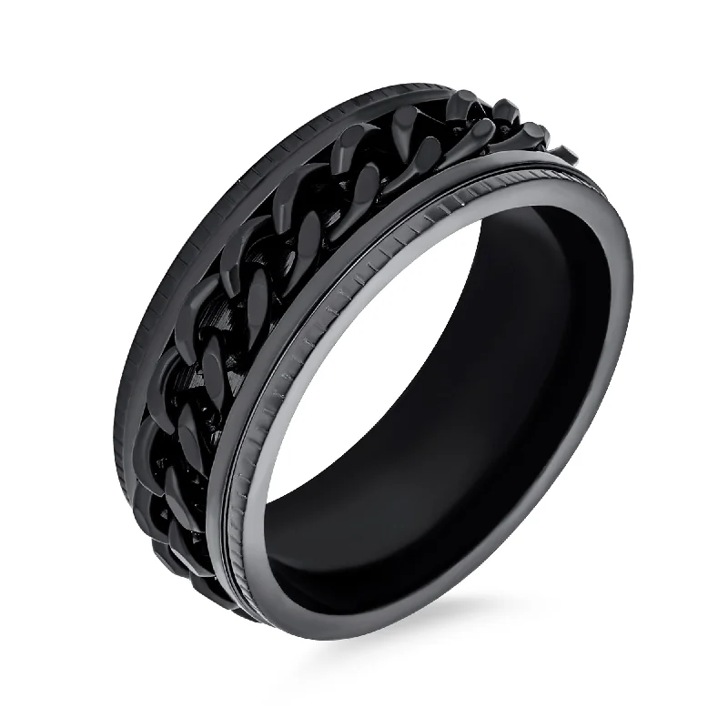 women’s custom ring-Black Rope Chain Mens Stainless Steel Biker Spinner Fidget Ring for Anxiety Relief