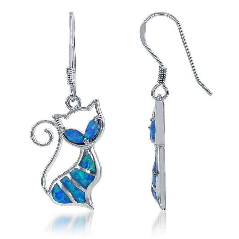 women’s opal earrings-Sterling Silver Blue Inlay Opal Cat Earrings