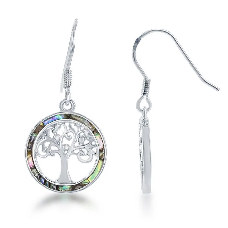 women’s silver drop earrings-Sterling Silver Round Center Tree of Life Earrings